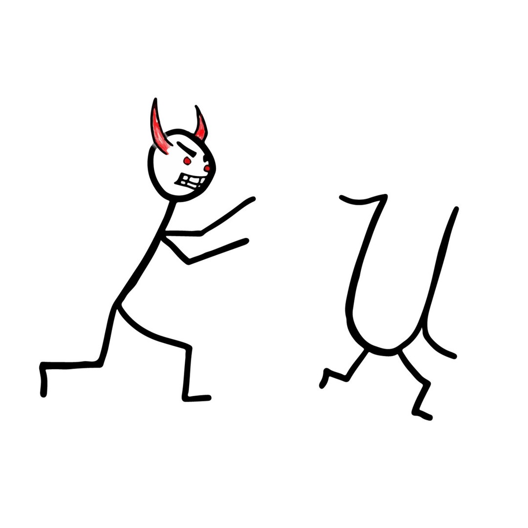 Devil Will Catch You single cover — a stick figure with red horns and red eyes chasing a headless stick figure running away.