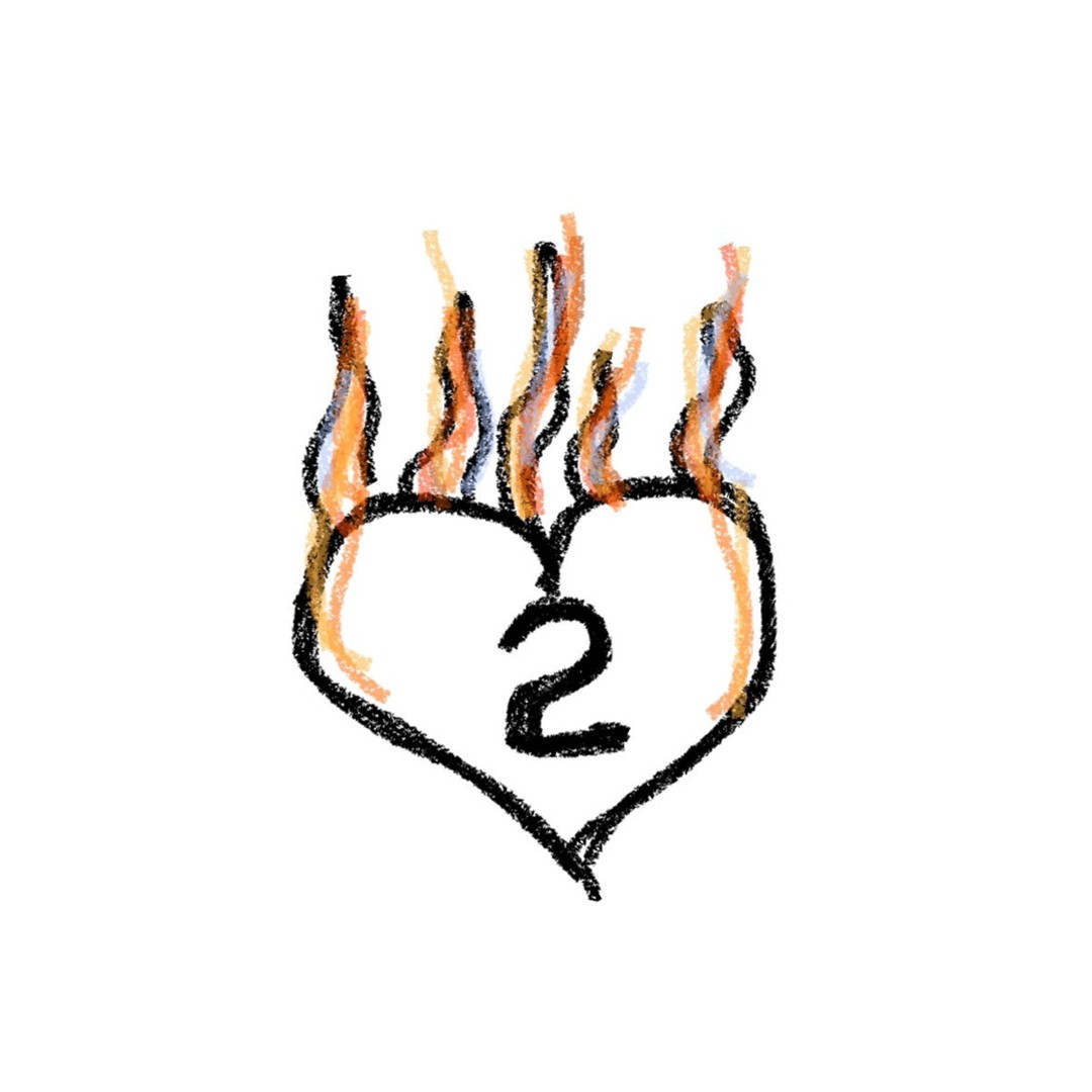 Love 2 Burn single cover — a crayon heart with orange flames coming off the top and a hand-drawn 2 in the middle.