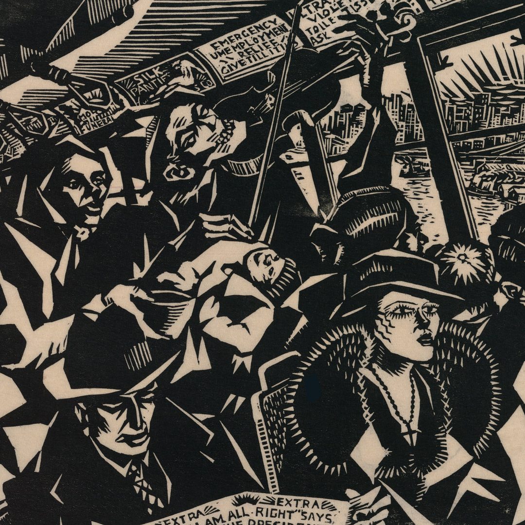 Too Loud single cover — a dense black-and-cream woodcut of a Depression-era crowd pressed shoulder to shoulder under newspaper headlines reading &ldquo;Emergency Unemployment Relief&rdquo; and &ldquo;I am all right, says the President.&rdquo;