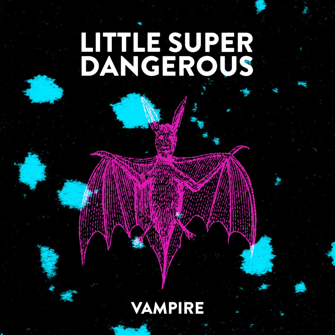 Vampire EP cover — a magenta engraving of a bat with spread wings on black, flecked with cyan splatter.