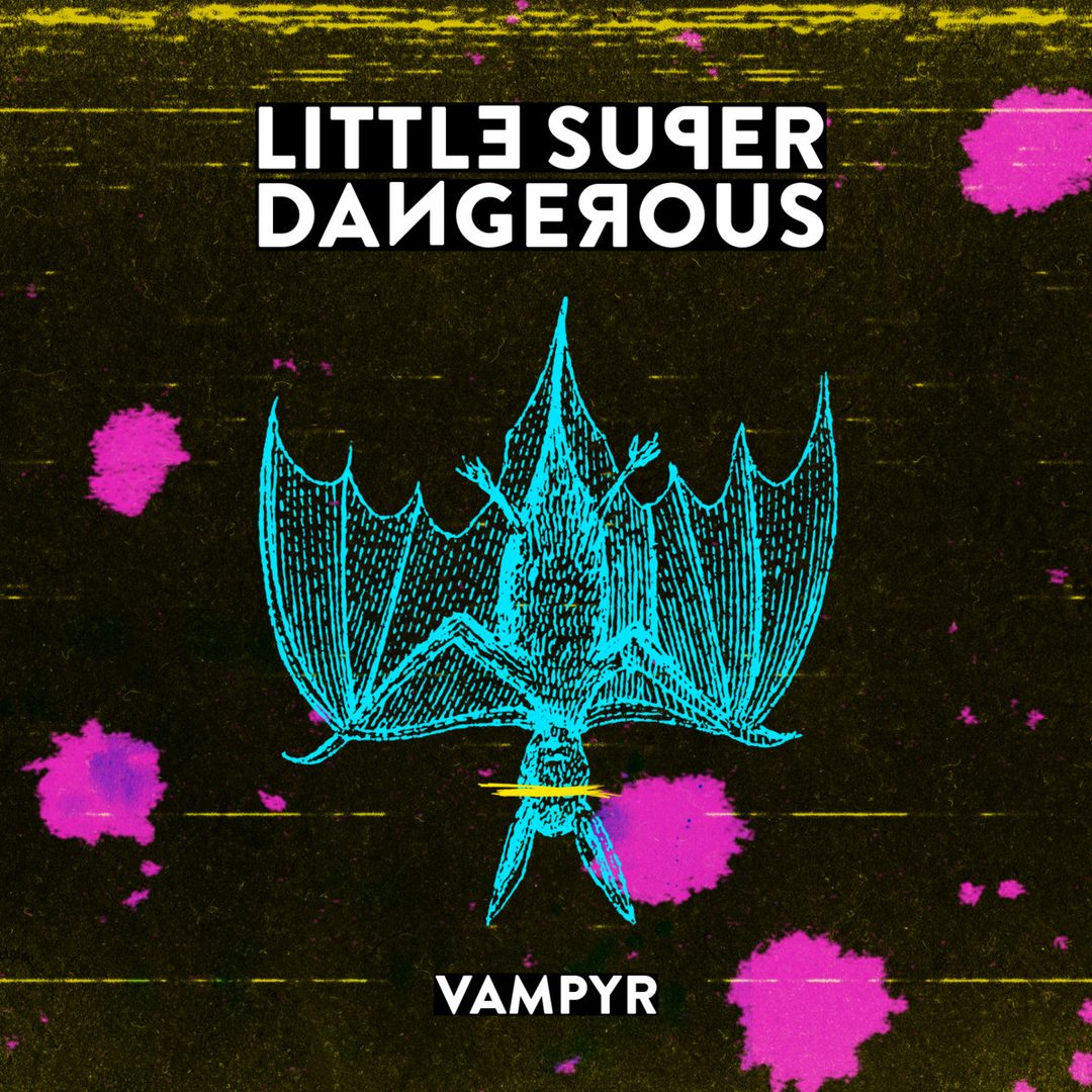 Vampyr EP cover — the Vampire EP bat engraving inverted, now cyan on a glitched olive field with magenta splatter, the band name set in scrambled letterforms.