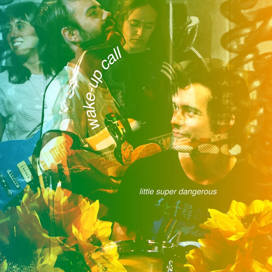 Wake-Up Call album artwork — a layered collage washed in a green-to-yellow gradient: the four of us, our guitars, a rotary telephone handset held to an ear with its coiled cord trailing across the frame, and sunflowers filling the bottom.